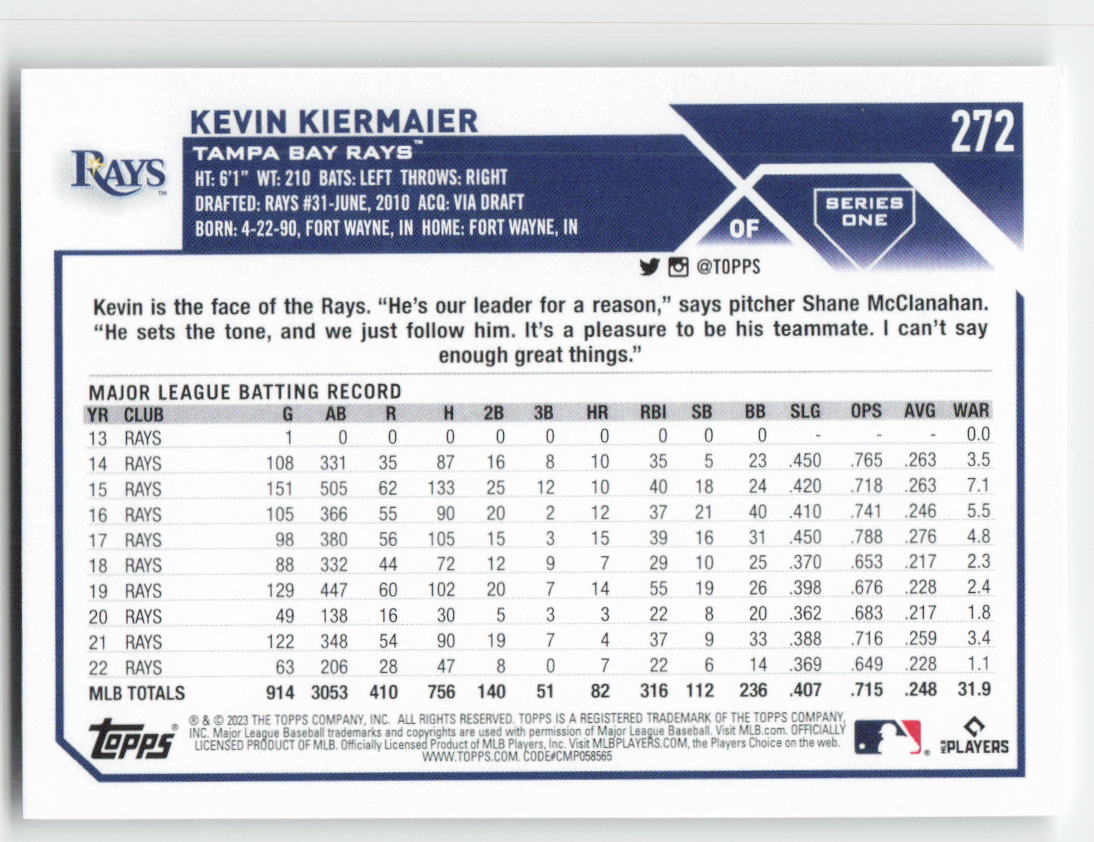 2023 Topps #272 Kevin Kiermaier Tampa Bay Rays 1348