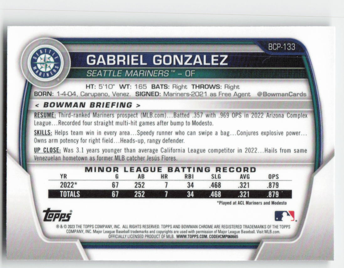 2023 Bowman #BCP-133 Gabriel Gonzalez Chrome Prospects Seattle Mariners 1352