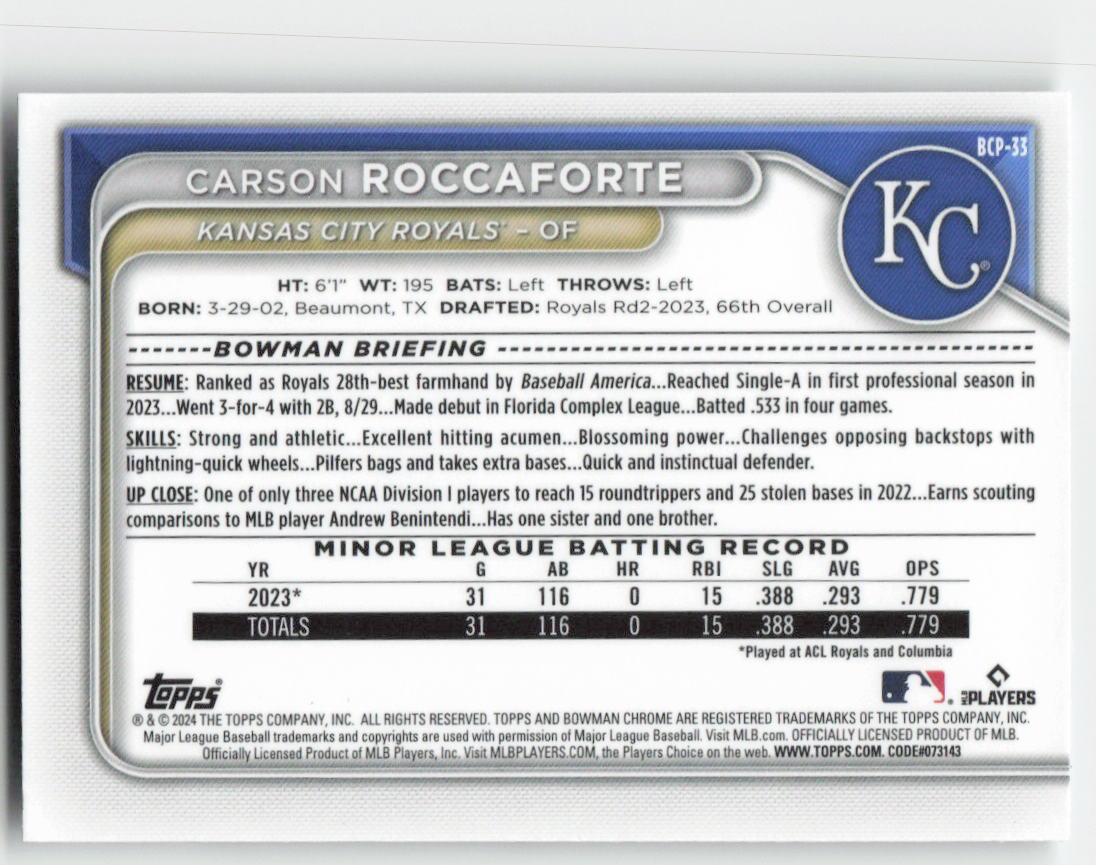 2024 Bowman #BCP-33 Carson Roccaforte Chrome Prospects Kansas City Royals 1354