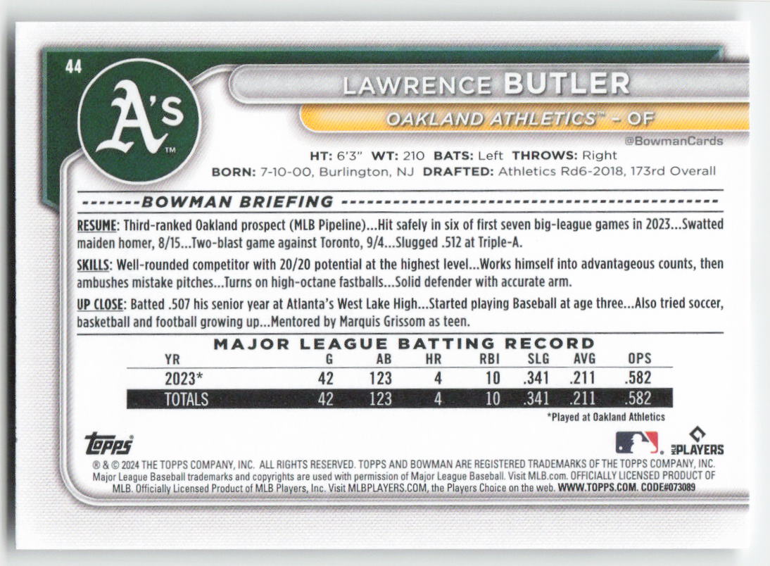 2024 Bowman #44 Lawrence Butler Oakland Athletics Rookie 1357