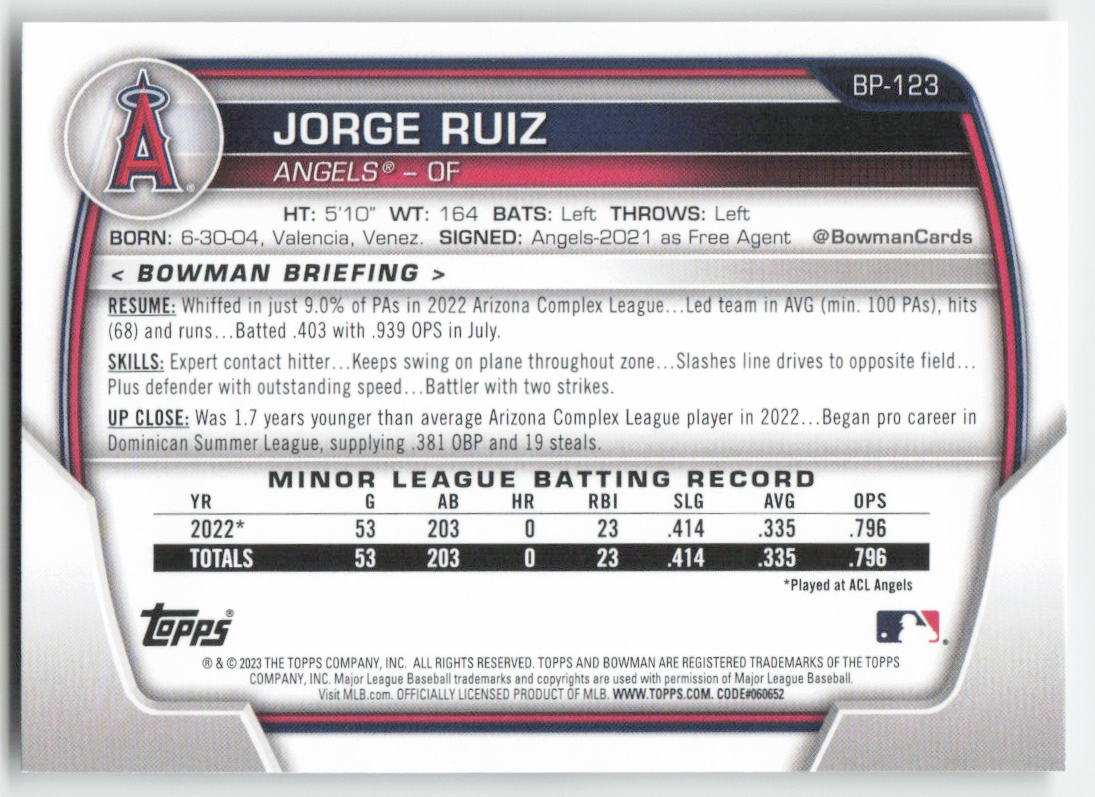 2023 Bowman #BP-123 Jorge Ruiz Prospects Los Angeles Angels 1365