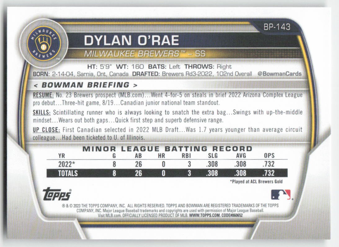 2023 Bowman #BP-143 Dylan O'Rae Prospects Milwaukee Brewers 1366