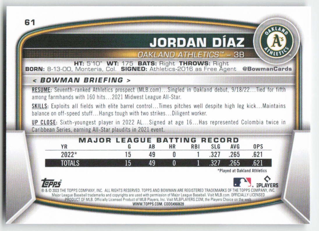 2023 Bowman #61 Jordan Diaz Oakland Athletics Rookie 1368