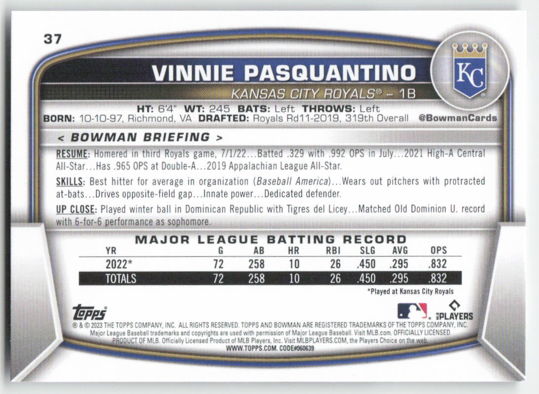 2023 Bowman #37 Vinnie Pasquantino Kansas City Royals Rookie 1370