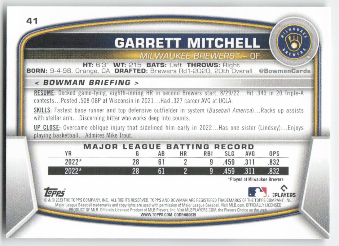 2023 Bowman #41 Garrett Mitchell Milwaukee Brewers Rookie 1372