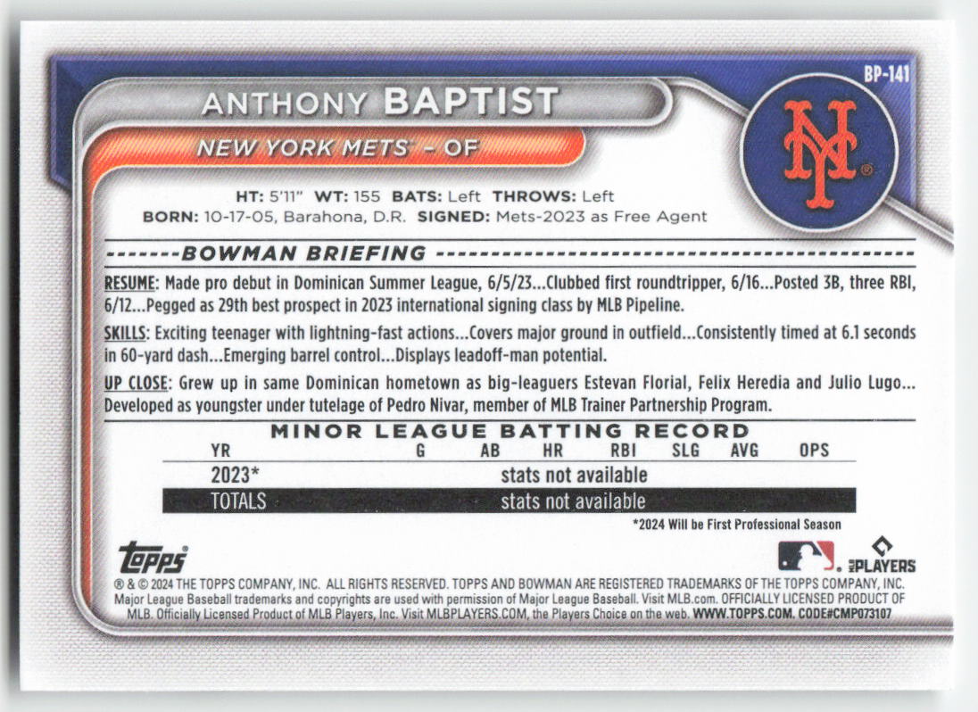 2024 Bowman #BP-141 Anthony Baptist Prospects New York Mets 1376