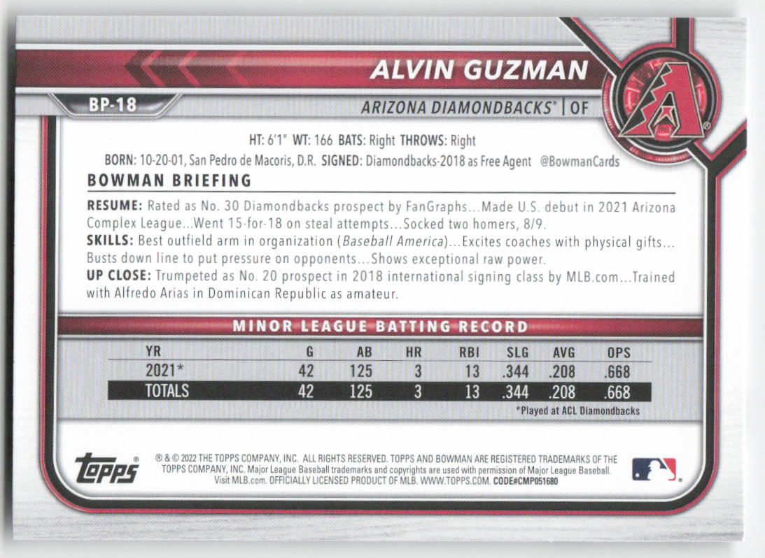 2022 Bowman #BP-18 Alvin Guzman Prospects Arizona Diamondbacks 1378