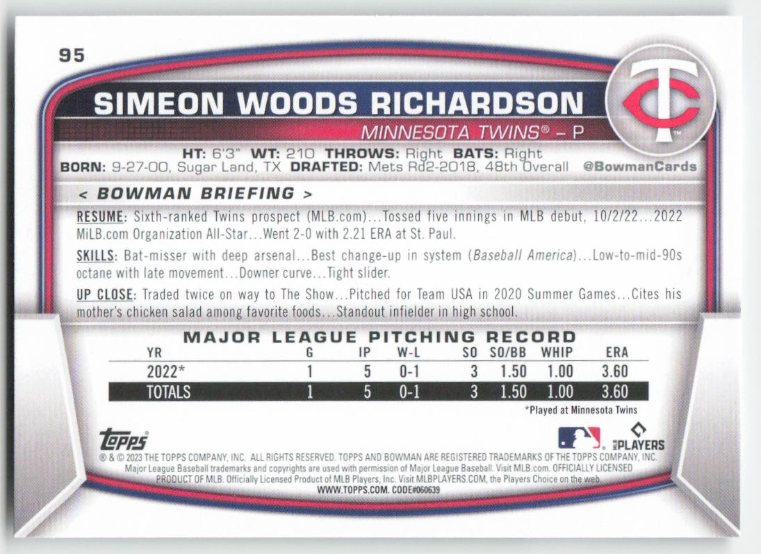 2023 Bowman #95 Simeon Woods Richardson Minnesota Twins Rookie 1385