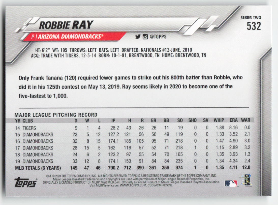 2020 Topps #532 Robbie Ray Arizona Diamondbacks 1398