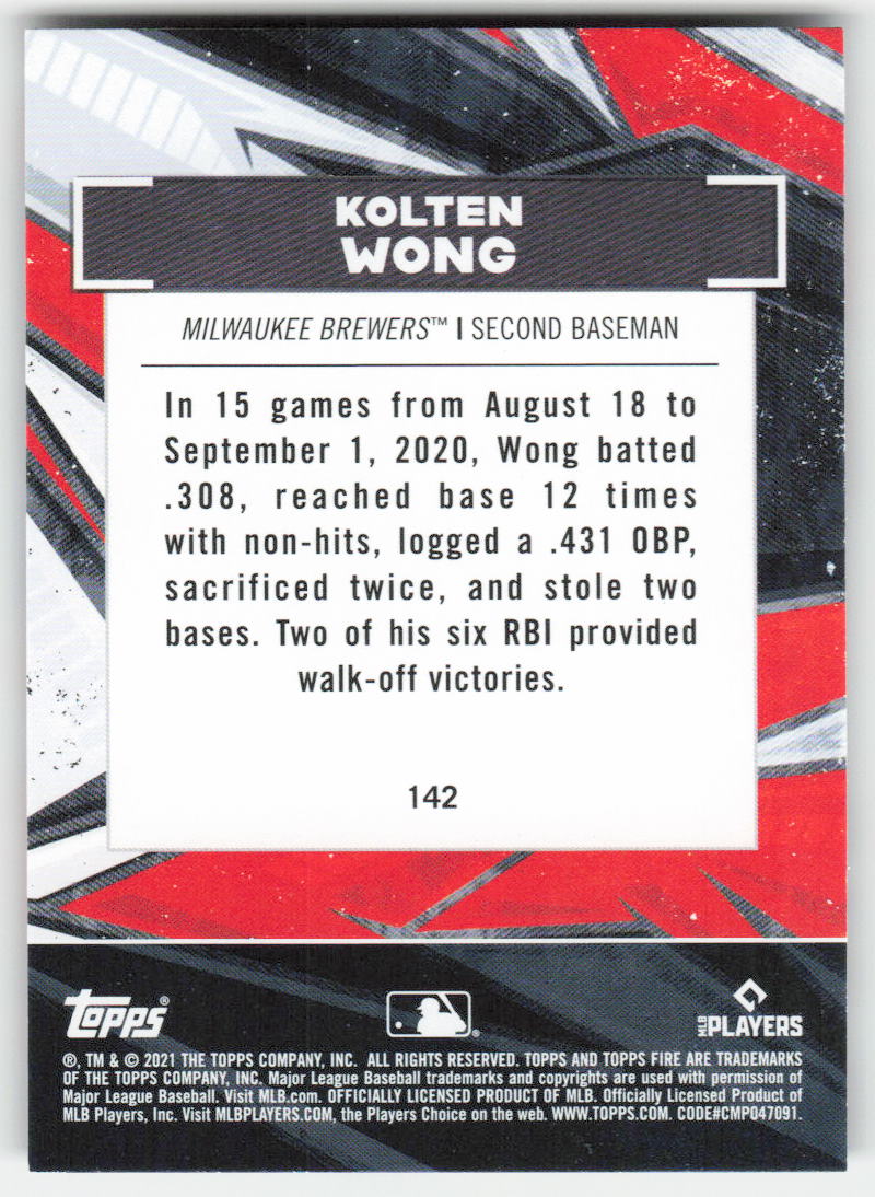 2021 Topps Fire #142 Kolten Wong Milwaukee Brewers 1400