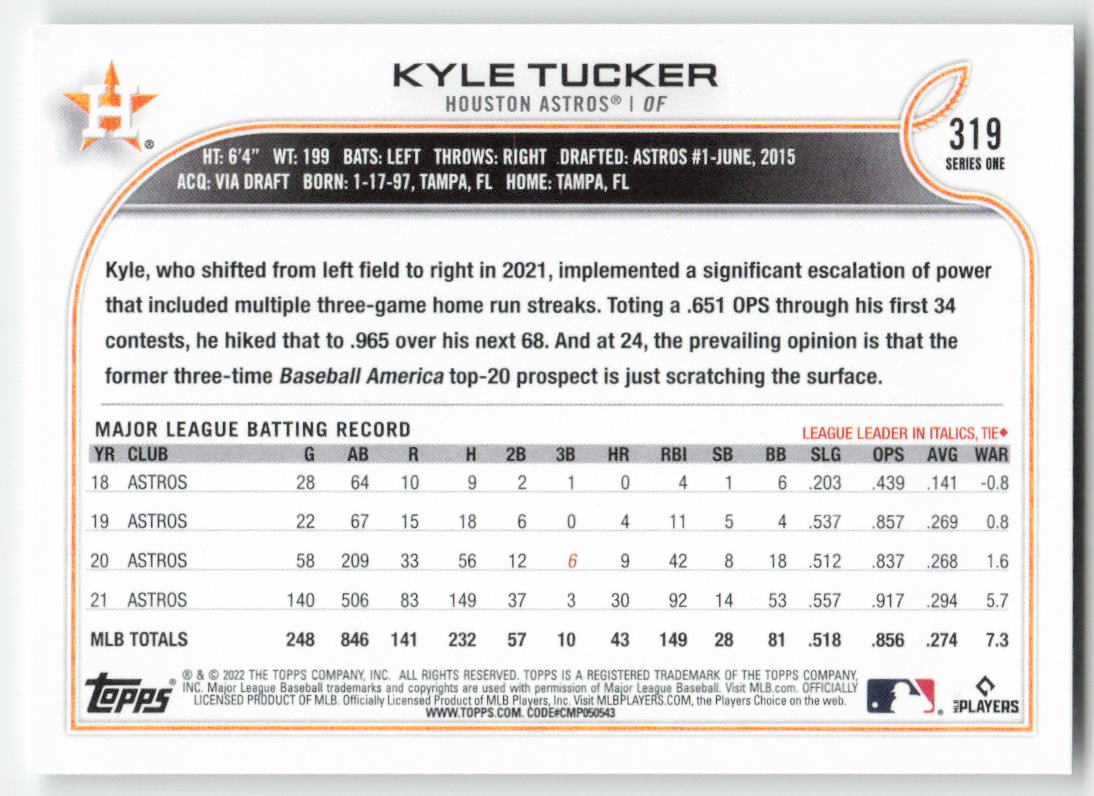 2022 Topps #319 Kyle Tucker Houston Astros 1405