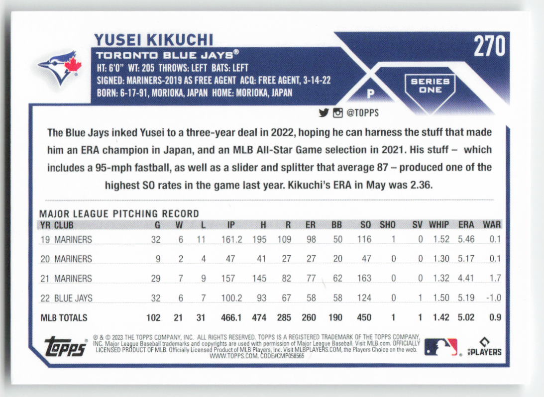 2023 Topps #270 Yusei Kikuchi Toronto Blue Jays 1418