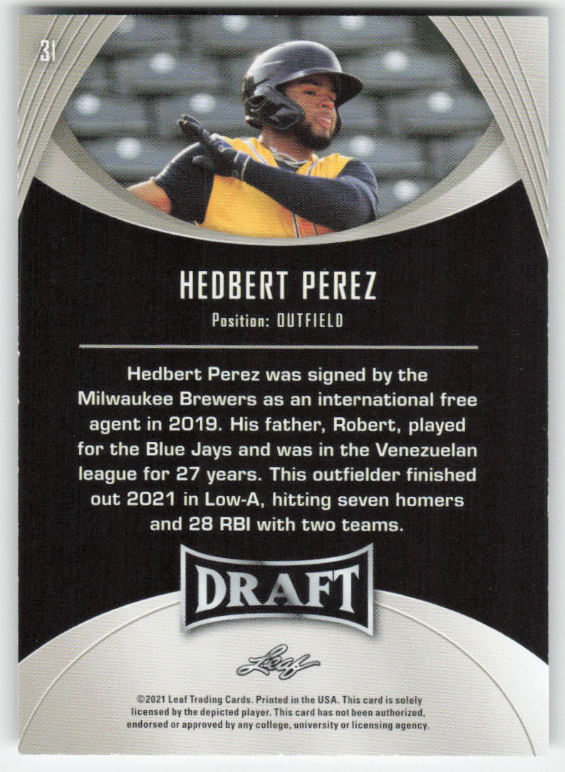 2021 Leaf Draft #31 Hedbert Perez Milwaukee Brewers 1426