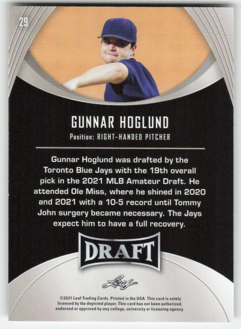 2021 Leaf Draft #29 Gunnar Hoglund Toronto Blue Jays 1427