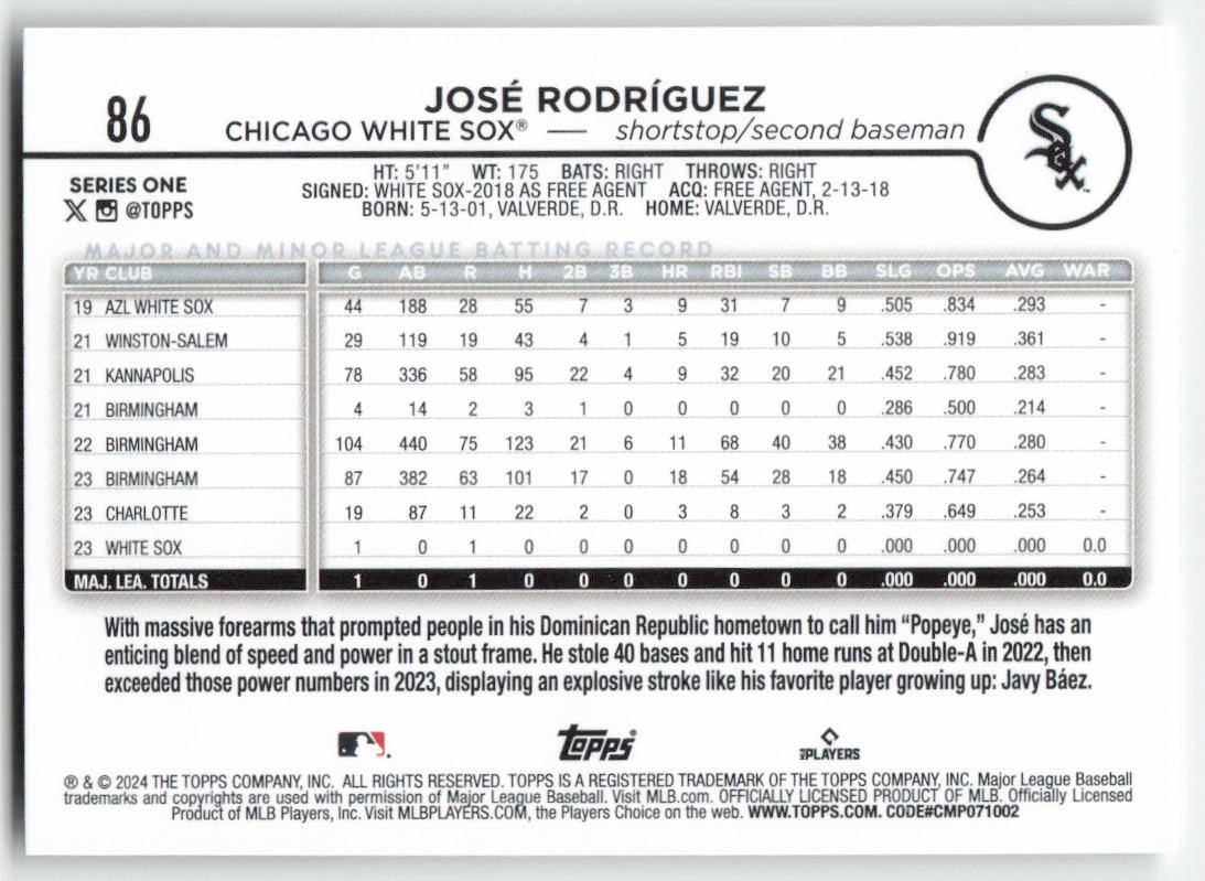 2024 Topps #86 José Rodríguez Chicago White Sox Rookie 1459