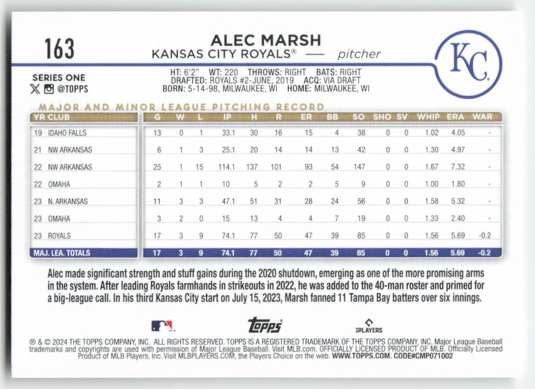 2024 Topps #163 Alec Marsh Kansas City Royals Rookie 1461