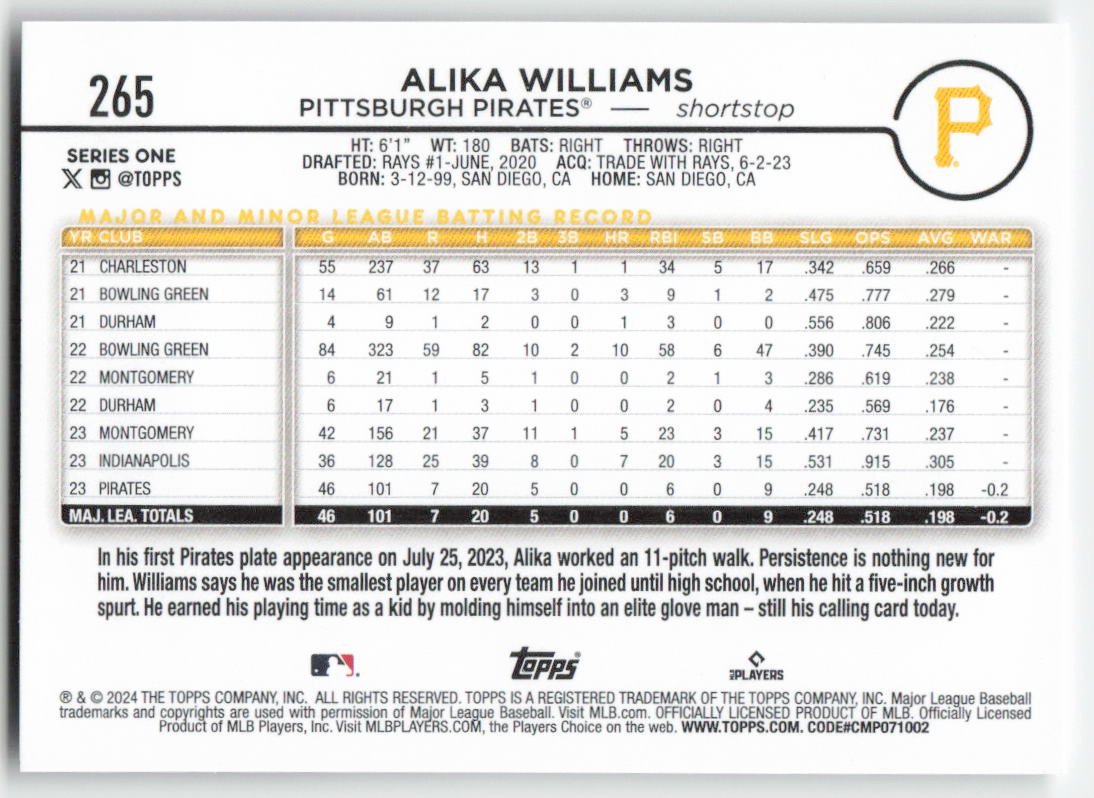 2024 Topps #265 Alika Williams Pittsburgh Pirates Rookie 1477