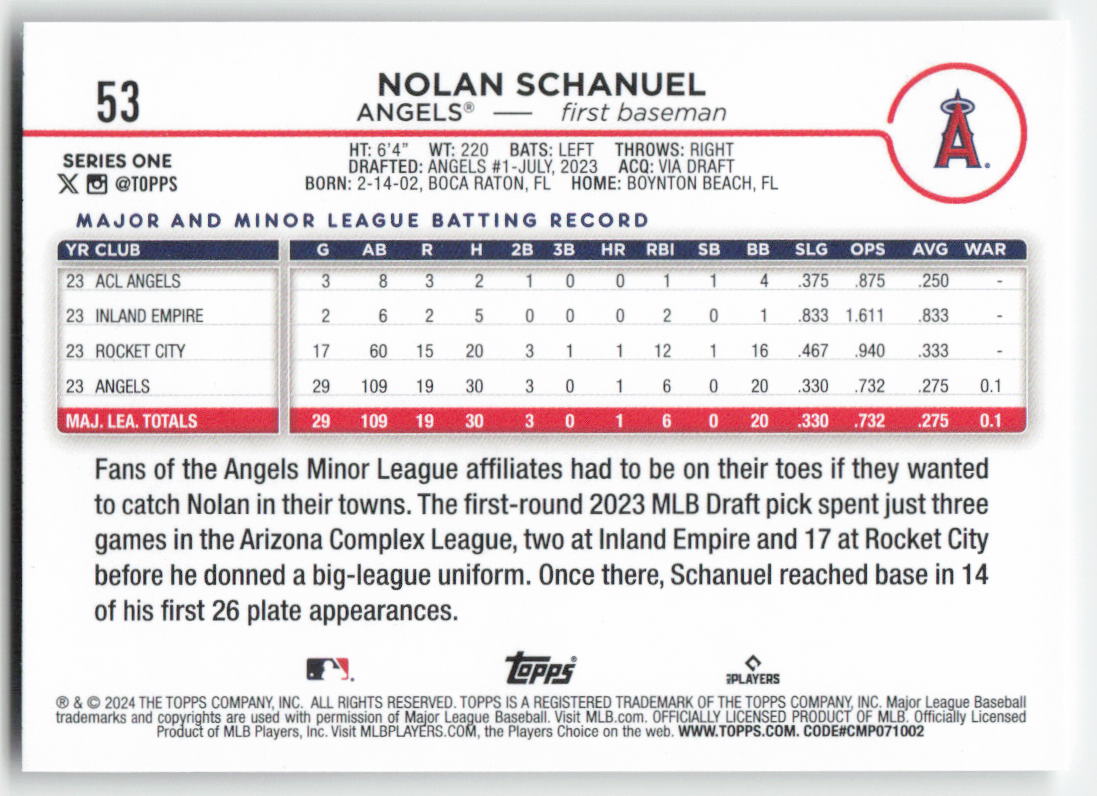 2024 Topps #53 Nolan Schanuel Los Angeles Angels Rookie 1487