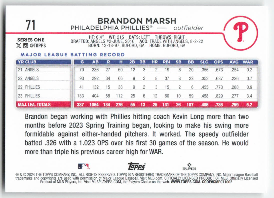 2024 Topps #71 Brandon Marsh Philadelphia Phillies 1498