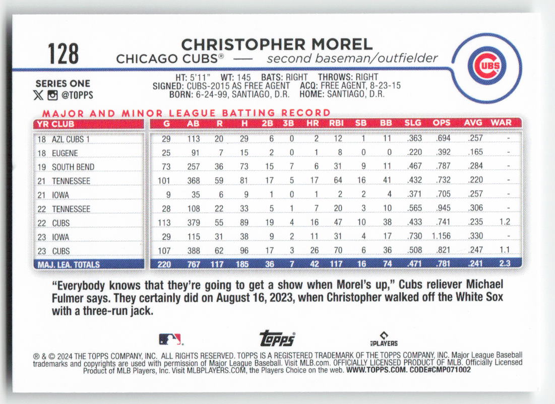 2024 Topps #128 Christopher Morel Chicago Cubs 1499
