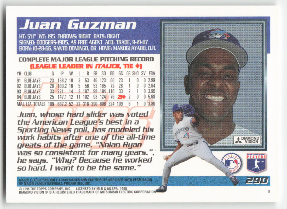 1995 Topps #290 Juan Guzman Toronto Blue Jays 1508