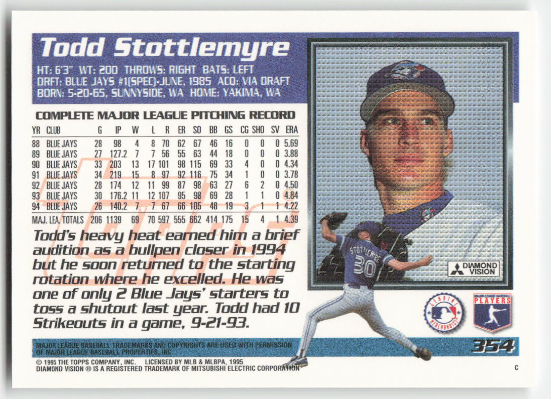 1995 Topps #354 Todd Stottlemyre Toronto Blue Jays 1511