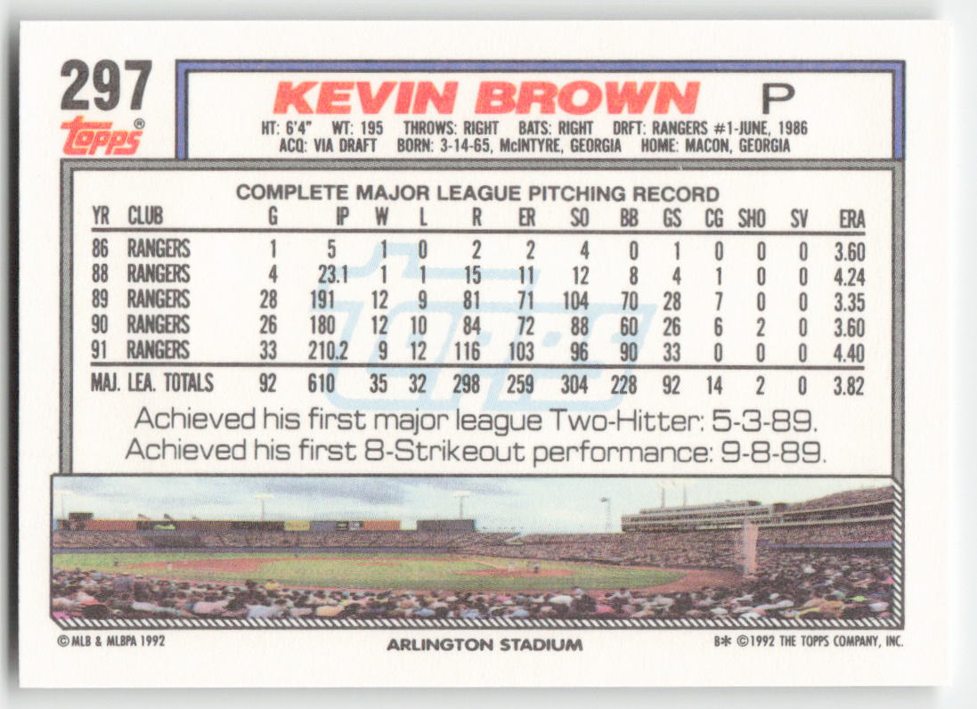1992 Topps #297 Kevin Brown Texas Rangers 1524