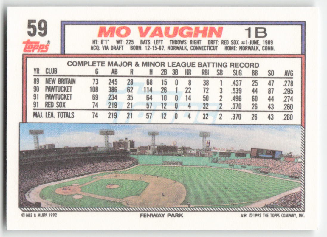 1992 Topps #59 Mo Vaughn Boston Red Sox 1527
