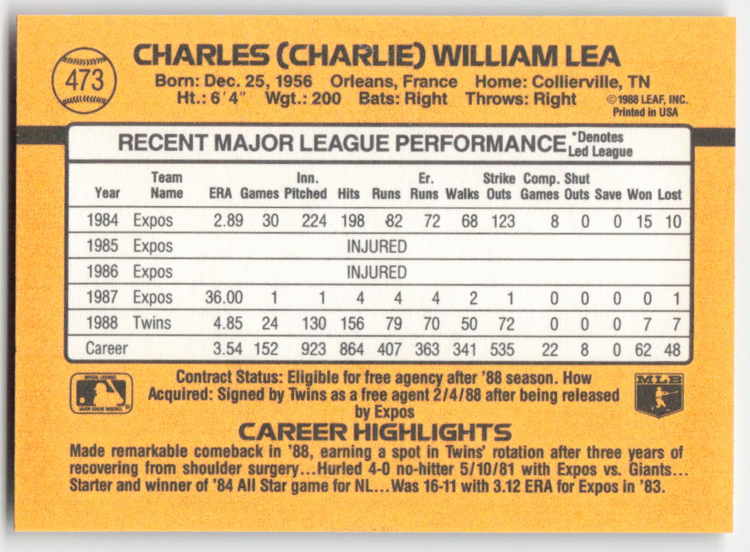 1989 Donruss #473 Charlie Lea Minnesota Twins 1539