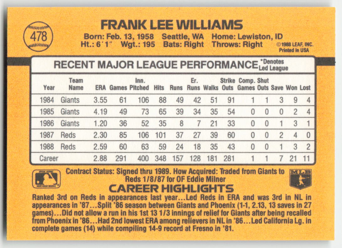1989 Donruss #478 Frank Williams Cincinnati Reds 1540