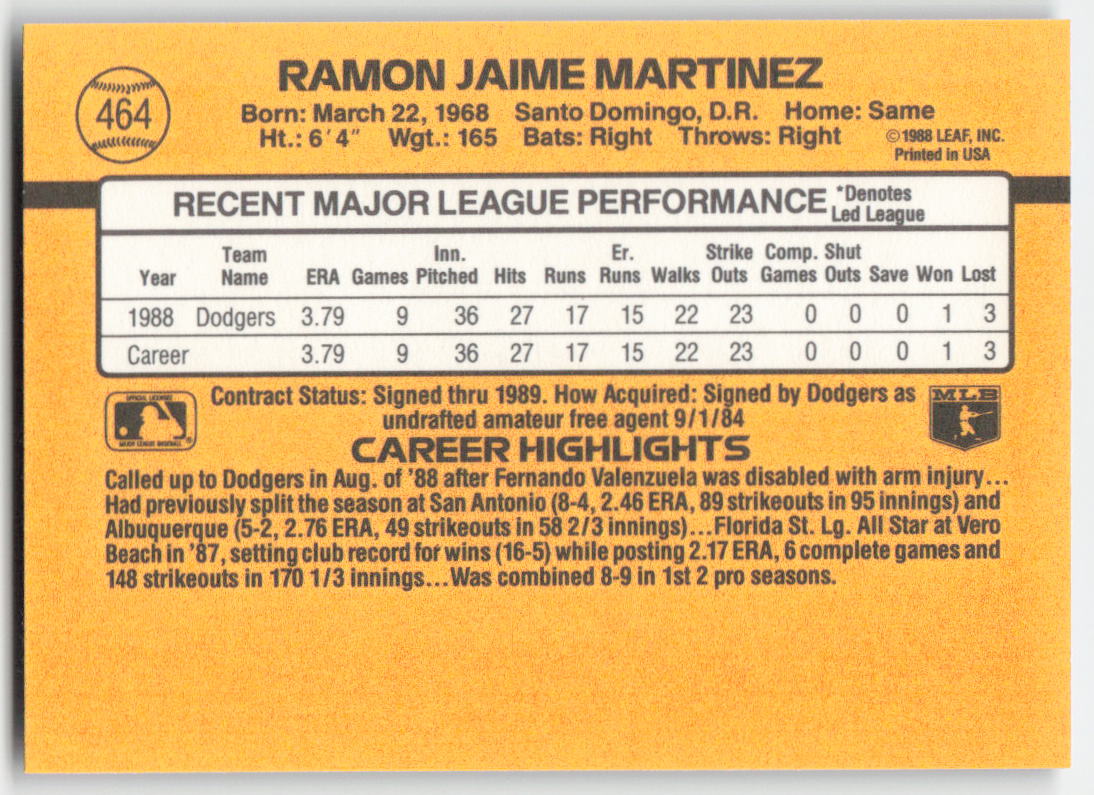 1989 Donruss #464 Ramon Martinez Los Angeles Dodgers Rookie 1547