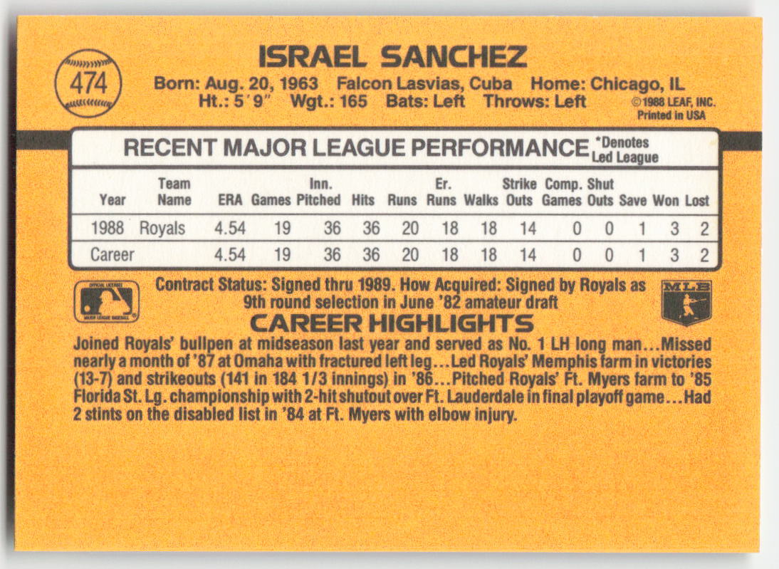 1989 Donruss #474 Israel Sanchez Kansas City Royals 1549