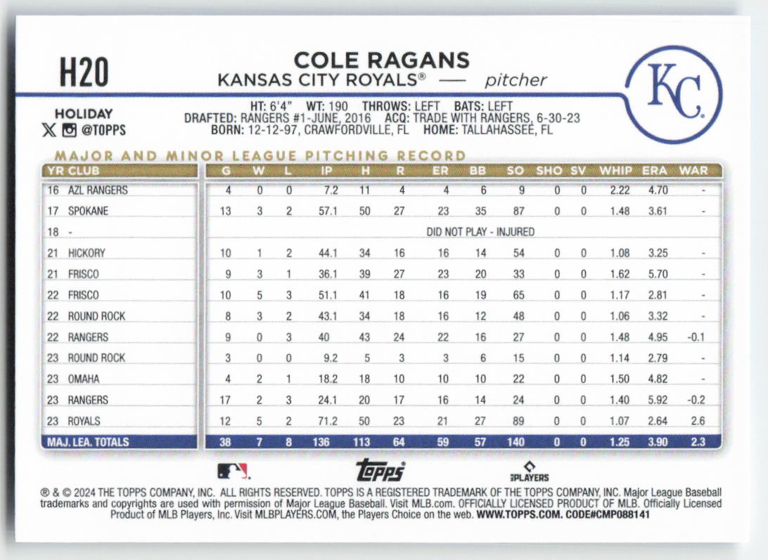 2024 Topps Holiday #H20 Cole Ragans Kansas City Royals 1554