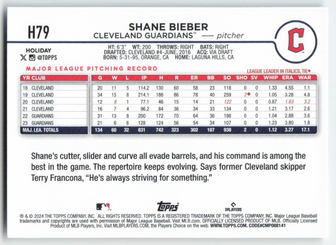 2024 Topps Holiday #H79 Shane Bieber Cleveland Guardians 1556