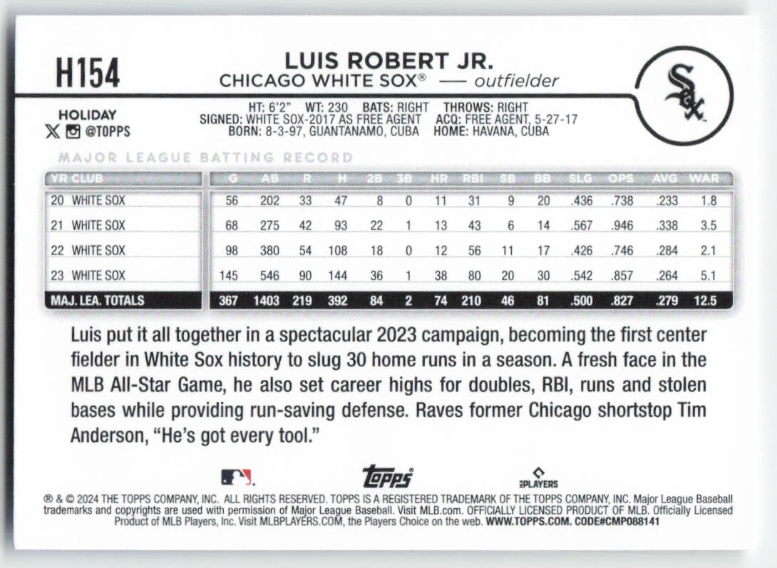 2024 Topps Holiday #H154 Luis Robert Jr. Chicago White Sox 1565