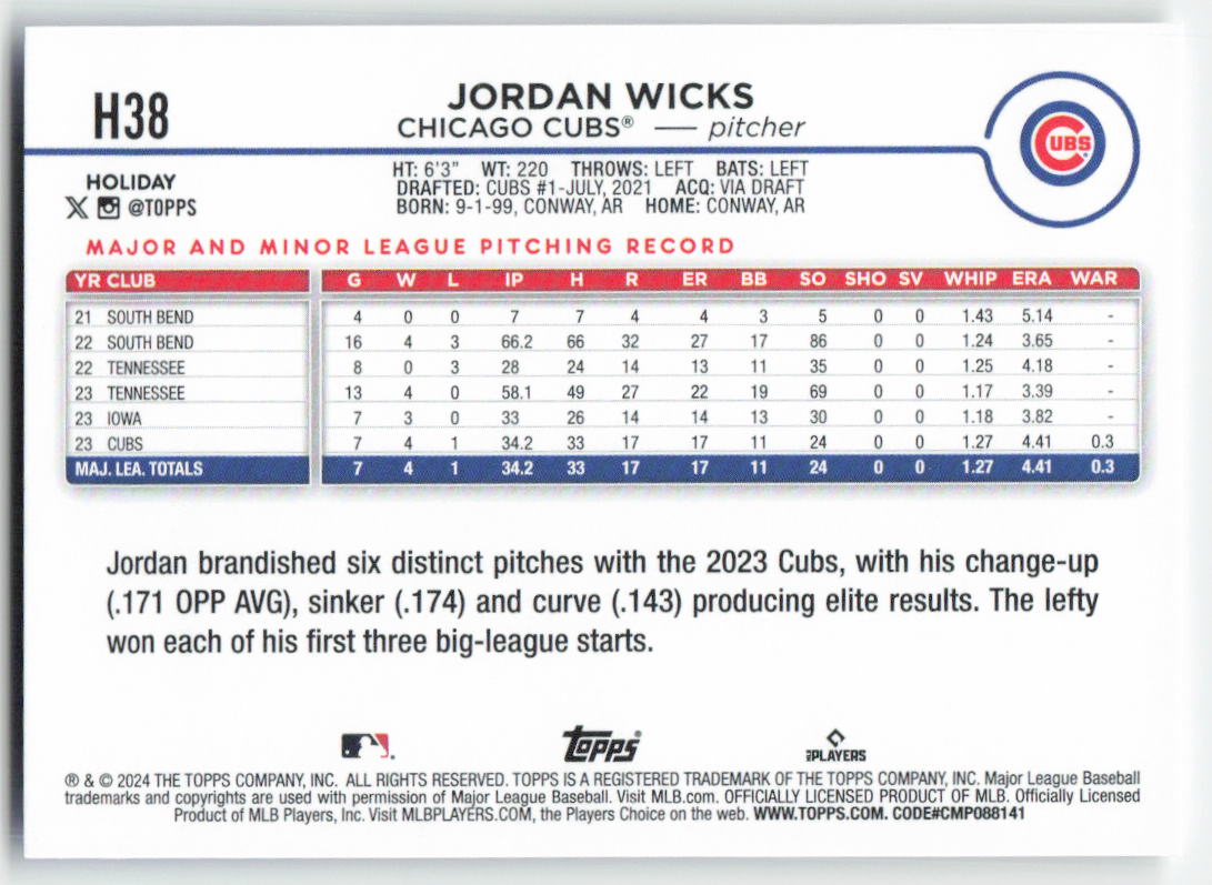 2024 Topps Holiday #H38 Jordan Wicks Chicago Cubs Rookie 1566