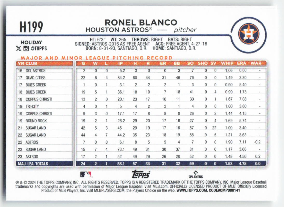 2024 Topps Holiday #H199 Ronel Blanco Houston Astros Rookie 1570