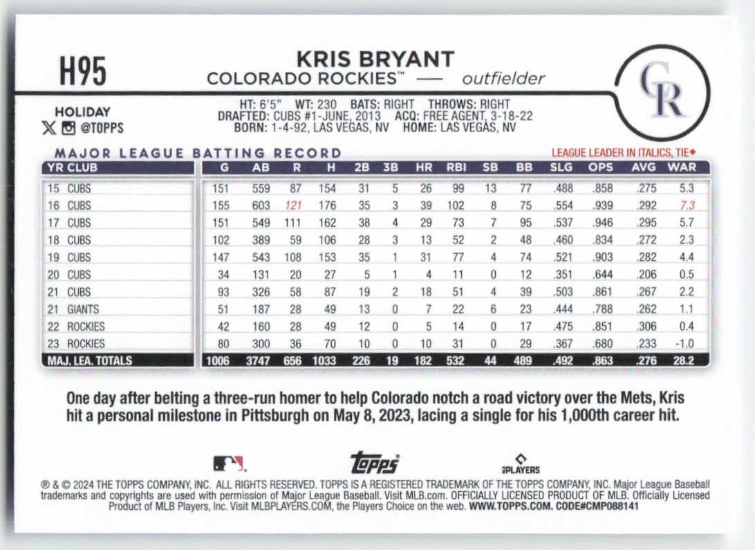 2024 Topps Holiday #H95 Kris Bryant Colorado Rockies 1571