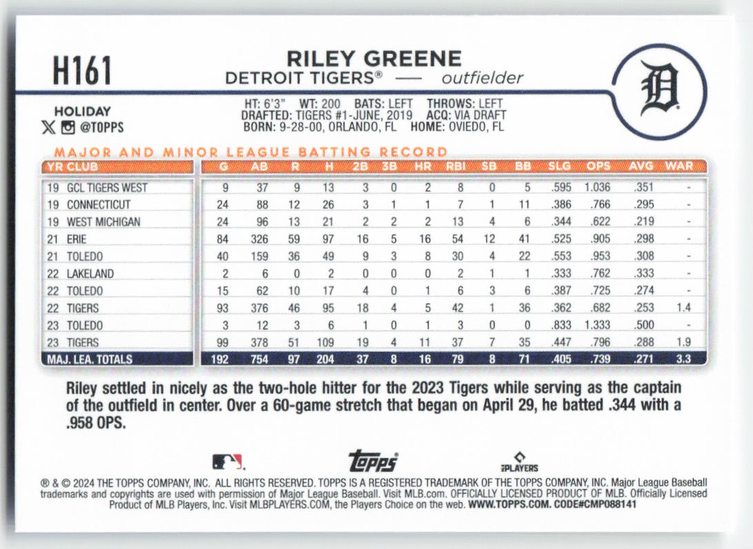 2024 Topps Holiday #H161 Riley Greene Detroit Tigers 1573