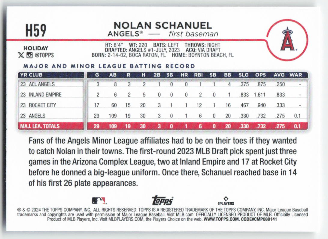 2024 Topps Holiday #H59b Nolan Schanuel Los Angeles Angels 1575