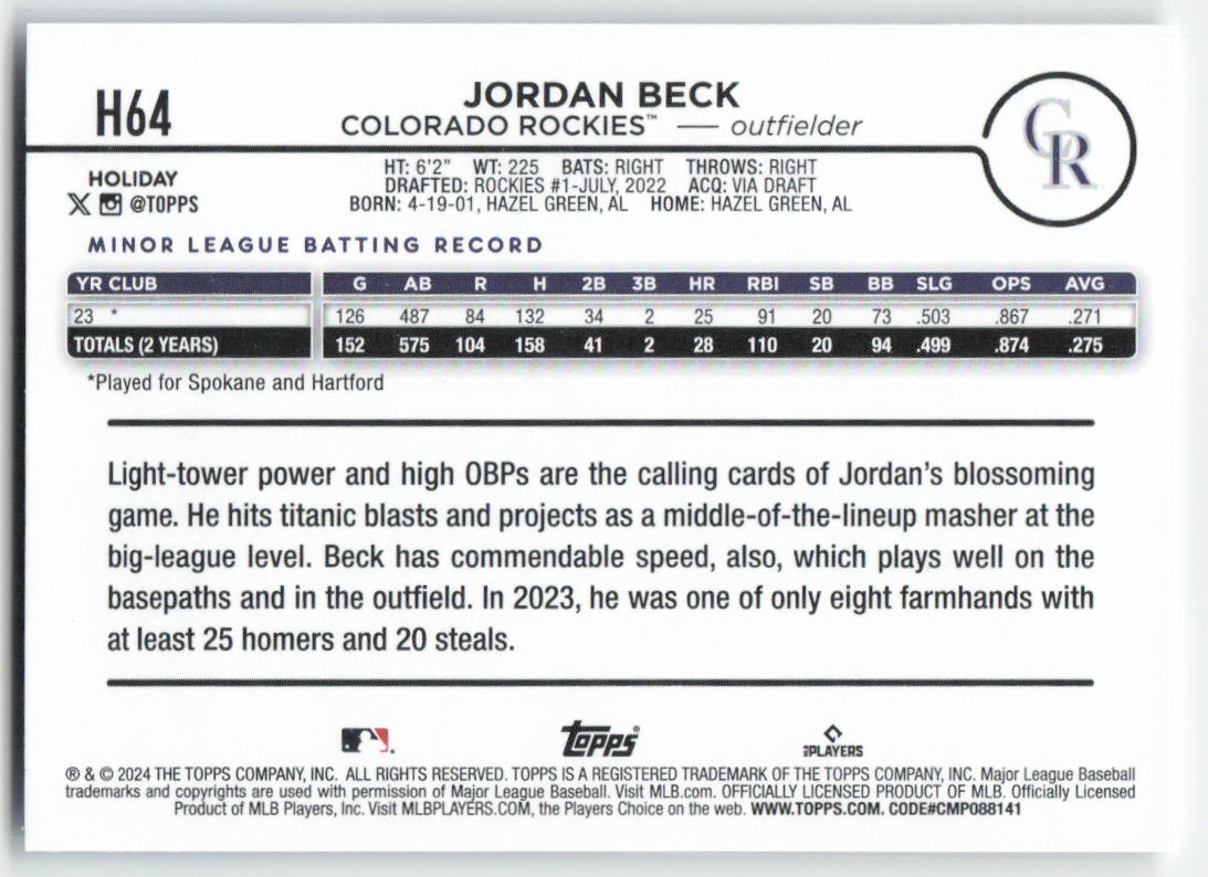 2024 Topps Holiday #H64 Jordan Beck Colorado Rockies Rookie 1577