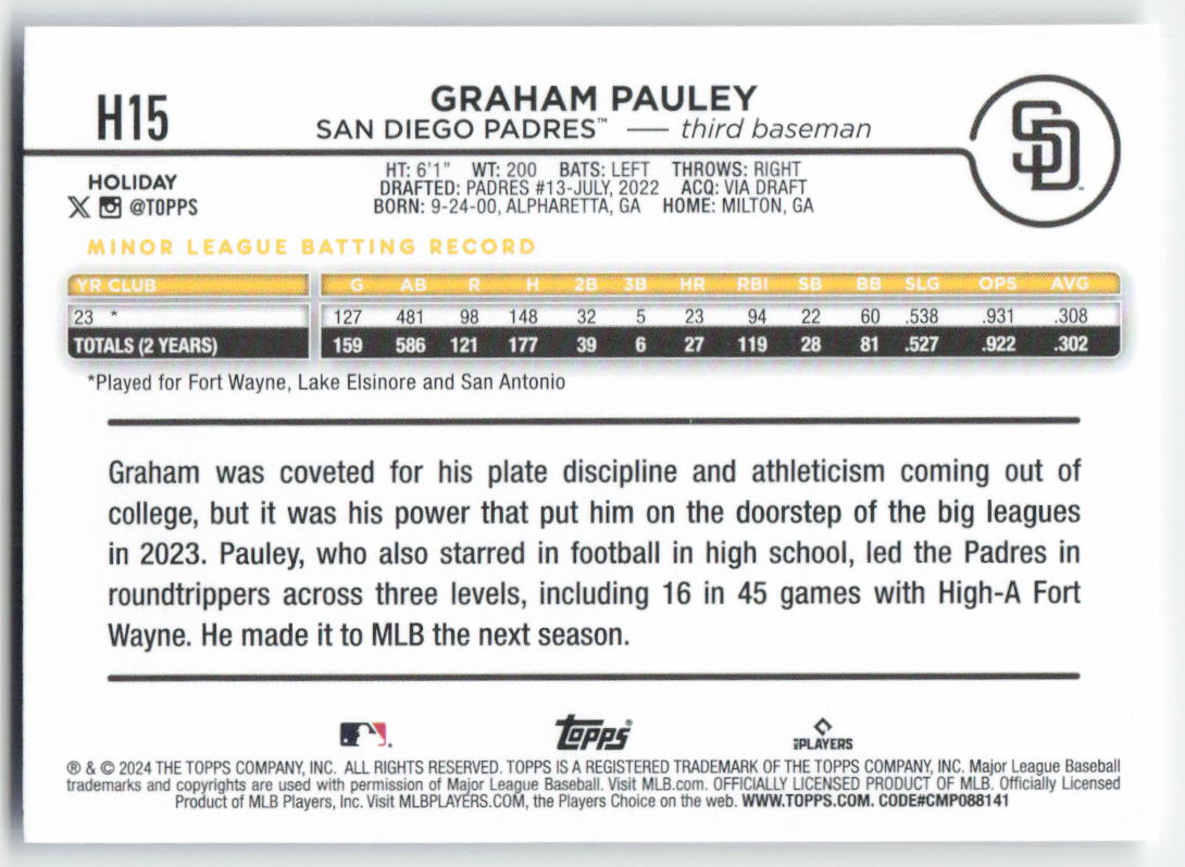 2024 Topps Holiday #H15 Graham Pauley San Diego Padres Rookie 1578
