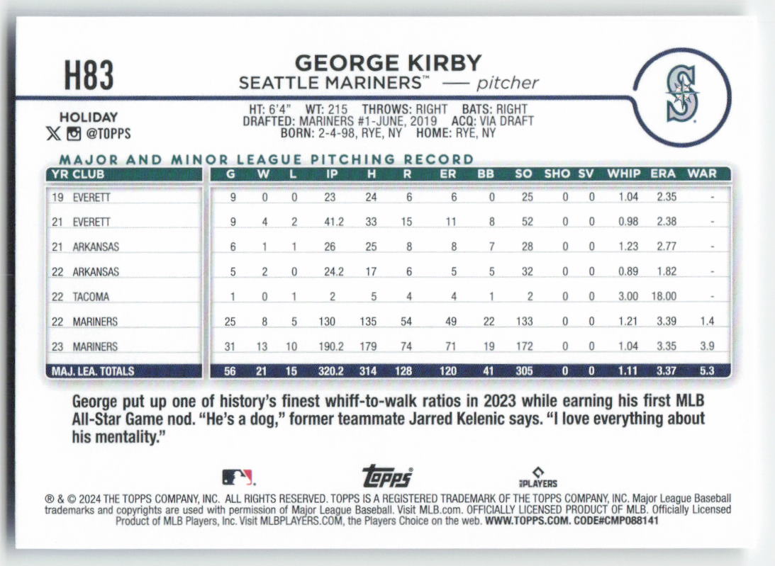 2024 Topps Holiday #H83 George Kirby Seattle Mariners 1580