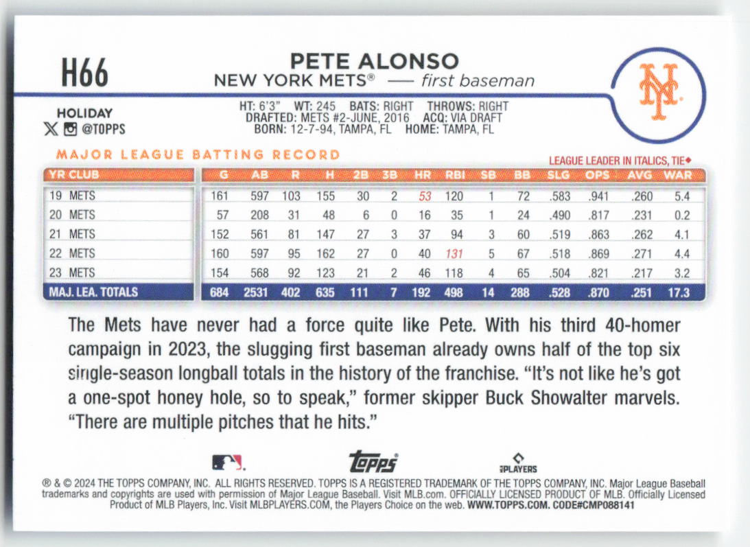 2024 Topps Holiday #H66 Pete Alonso New York Mets 1586