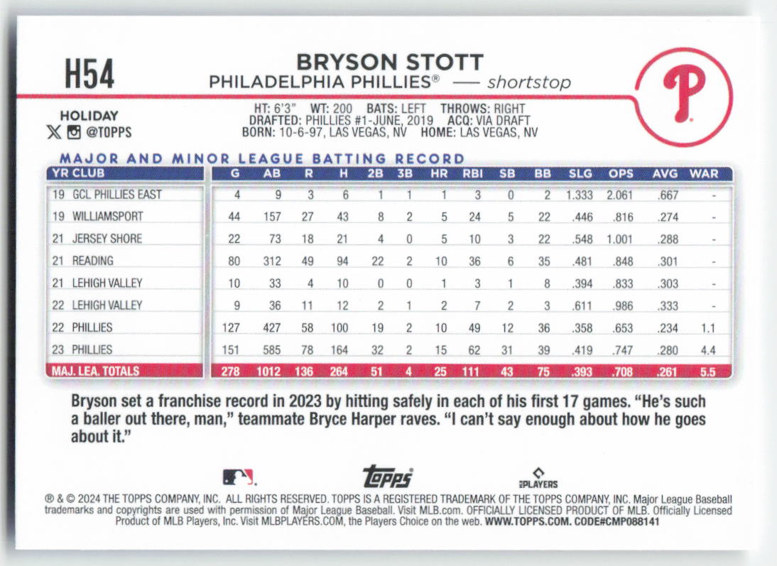 2024 Topps Holiday #H54 Bryson Stott Philadelphia Phillies 1588