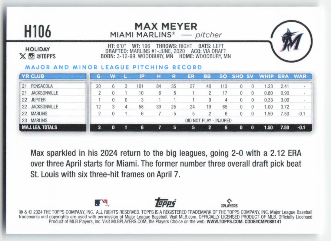2024 Topps Holiday #H106 Max Meyer Miami Marlins 1592