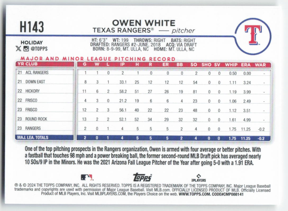 2024 Topps Holiday #H143 Owen White Texas Rangers Rookie 1596