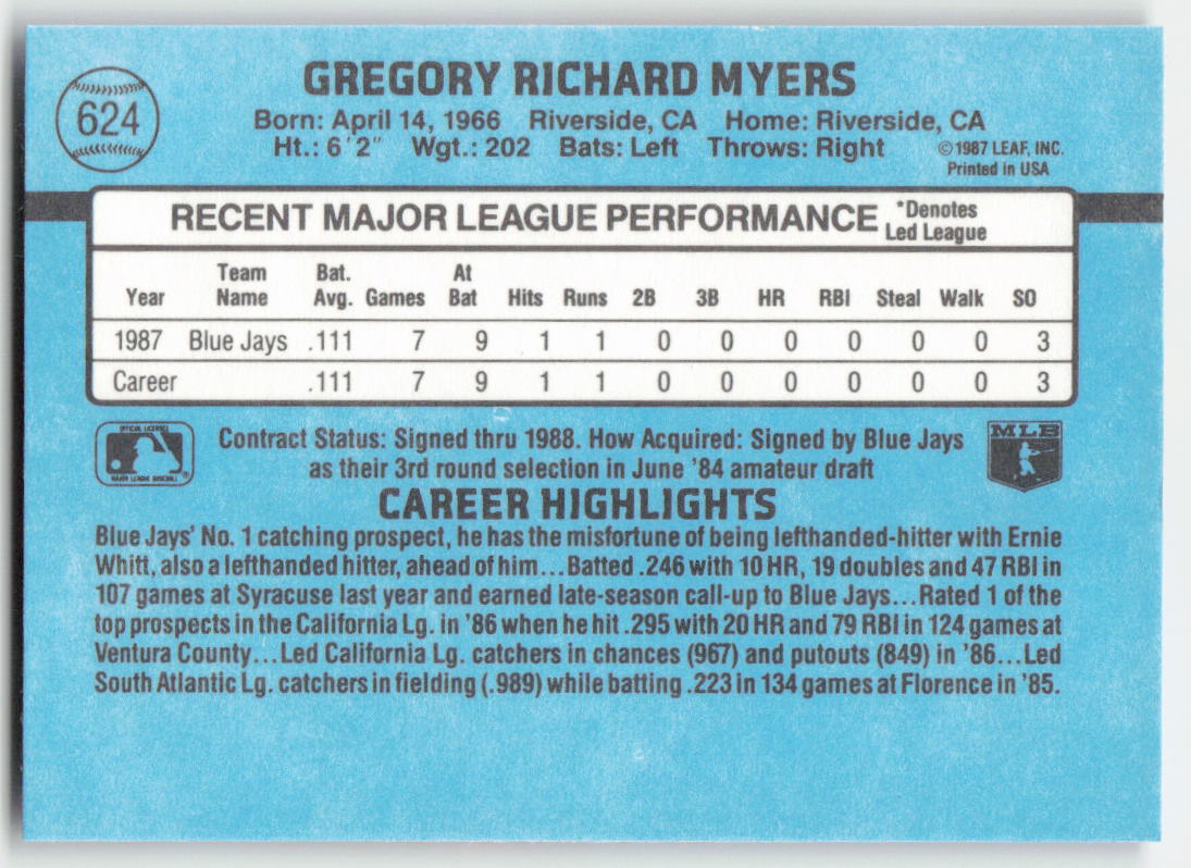 1988 Donruss #624c Greg Myers Toronto Blue Jays Rookie 1606