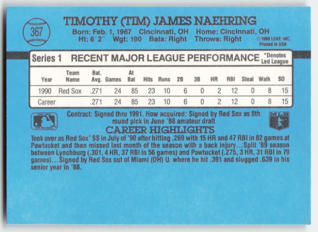 1991 Donruss #367 Tim Naehring Boston Red Sox 1608