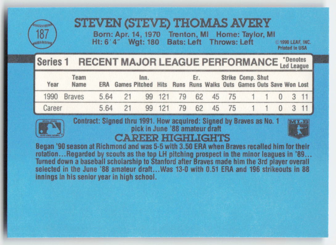 1991 Donruss #187 Steve Avery Atlanta Braves 1610